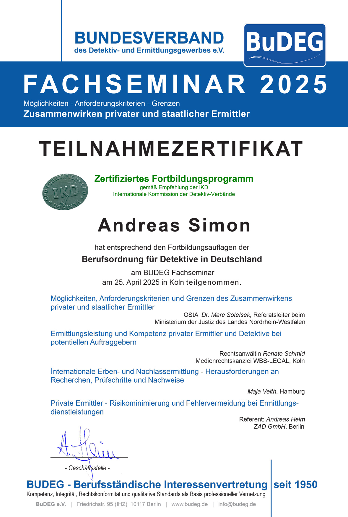 BuDEG Fachseminar Zertifikat 2025 Andreas Simon