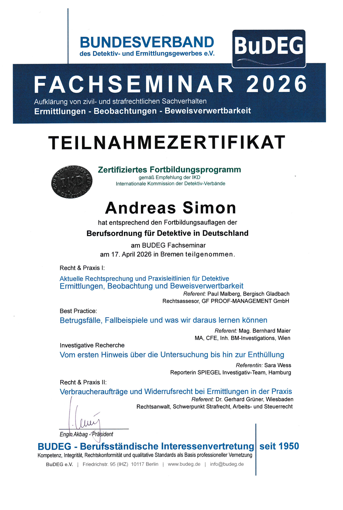 BuDEG Fachseminar Zertifikat 2026 Andreas Simon